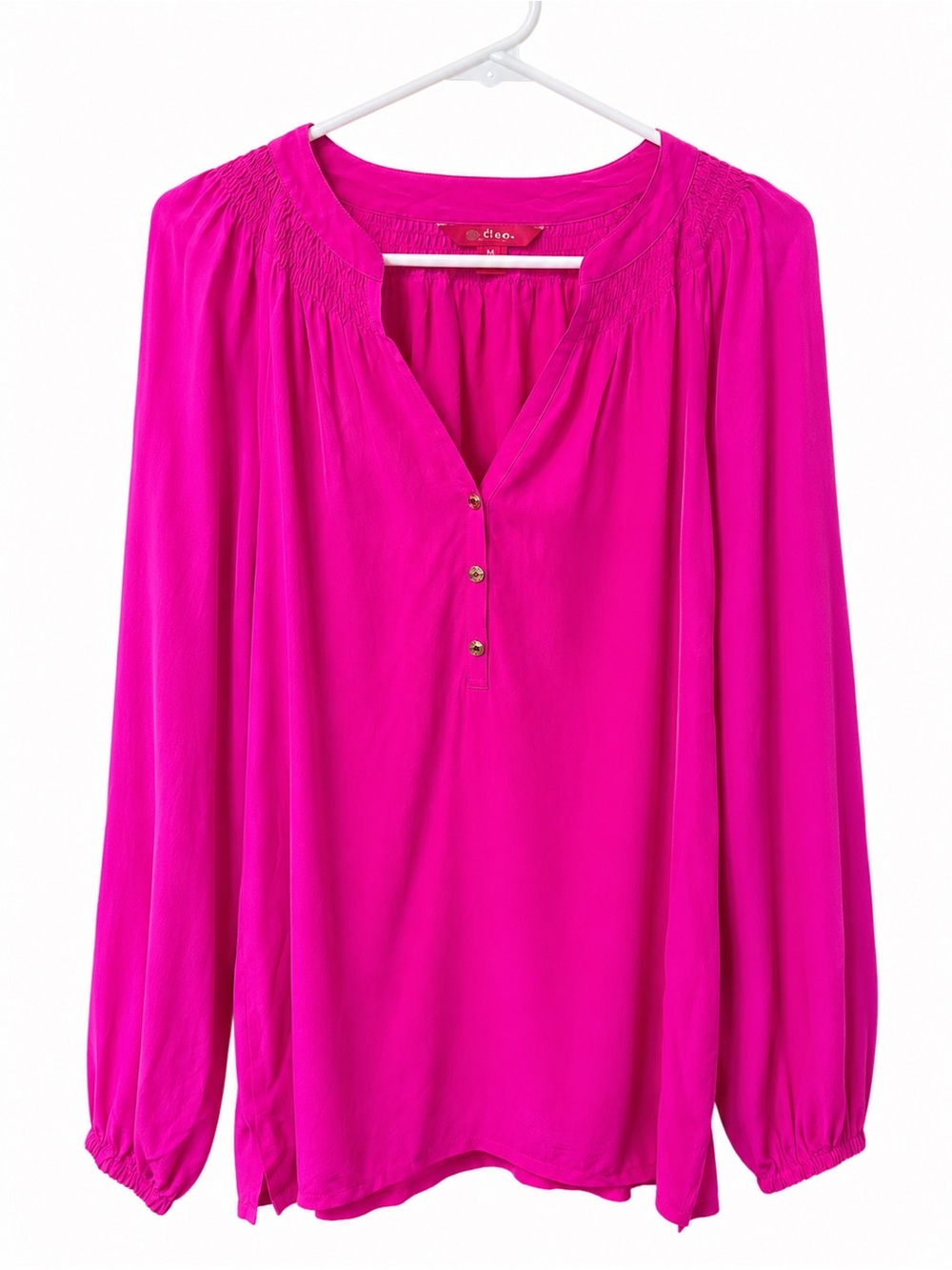 Lilly Pulitzer Fuchsia Smocked Long Sleeve Blouse XL Pink Top 100% Silk